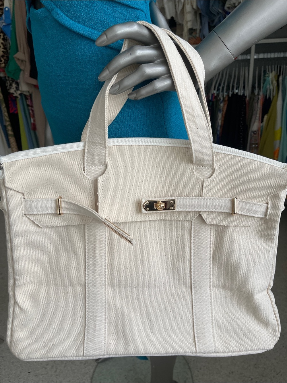Canvas Tote Bag in Cream with Gold Hardware - Picture 5 of 10